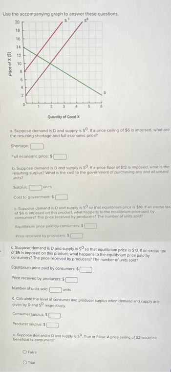 Use the accompanying graph to answer these questions.
S¹
sº
20
Price of X ($)
18
16
14
12
10
8
6
4
2
0
Shortage:
1
2
3
Quantity of Good X
a. Suppose demand is D and supply is SO. If a price ceiling of $6 is imposed, what are
the resulting shortage and full economic price?
units
Producer surplus: $
O False
4
True
Full economic price: $
b. Suppose demand is D and supply is so. If a price floor of $12 is imposed, what is the
resulting surplus? What is the cost to the government of purchasing any and all unsold
units?
5
6
Surplus:
Cost to government: $
c. Suppose demand is D and supply is SO so that equilibrium price is $10. If an excise tax
of $6 is imposed on this product, what happens to the equilibrium price paid by
consumers? The price received by producers? The number of units sold?
Equilibrium price paid by consumers: $1
Price received by producers: $1
D
c. Suppose demand is D and supply is SO so that equilibrium price is $10. If an excise tax
of $6 is imposed on this product, what happens to the equilibrium price paid by
consumers? The price received by producers? The number of units sold?
Equilibrium price paid by consumers: $
Price received by producers: $
Number of units sold:
units
d. Calculate the level of consumer and producer surplus when demand and supply are
given by D and so respectively.
Consumer surplus: $
e. Suppose demand is D and supply is SO. True or False: A price ceiling of $2 would be
beneficial to consumers?