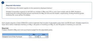 Required information
[The following information applies to the questions displayed below.]
Shadee Corporation expects to sell 530 sun shades in May and 370 in June. Each shade sells for $141. Shadee's
beginning and ending finished goods inventories for May are 65 and 50 shades, respectively. Ending finished goods
inventory for June will be 70 shades.
Each shade requires a total of $50.00 in direct materials that includes 4 adjustable poles that cost $5.00 each. Shadee expects to
have 130 in direct materials inventory on May 1, 90 poles in inventory on May 31, and 110 poles in inventory on June 30.
Required:
Prepare Shadee's May and June purchases budget for the adjustable poles.
May
June
Budgeted Cost of Poles Purchased
$
10,400 $
1,390