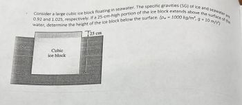 Sear
0.92 and 1.025, respectively. If a 25-cm-high portion of the ice block extends above the surface of the
Consider a large cubic ice block floating in seawater. The specific gravities (SG) of ice and seawater are
water, determine the height of the ice block below the surface. (pw= 1000 kg/m³, g = 10 m/s²)
T25 cm
Cubic
ice block