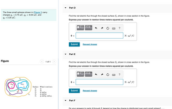 The three small spheres shown in (Figure 1) carry
charges q₁ = 3.75 nC, q2 = -8.00 nC, and
93 = 2.25 nC.
Figure
091
93
S3
092
S₂
Jaanua
1 of 1
Surface What it encloses
91
92
91 and 92
91 and 93
91 and 92 and 93
Part D
Find the net electric flux through the closed surface S4 shown in cross section in the figure.
Express your answer in newton times meters squared per coulomb.
ΑΣΦ
$ =
Submit
Part E
$ =
Submit
U/
Part F
Request Answer
Find the net electric flux through the closed surface S5 shown in cross section in the figure.
Express your answer in newton times meters squared per coulomb.
ΑΣΦ
?
Request Answer
N.m²/C
2 ?
N.m²/C
Do your answers to parts A through E depend on how the charge is distributed over each small sphere?