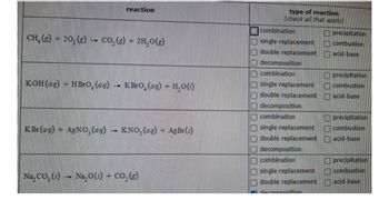 CH, (g) - 20, (g)
H
CO₂(g) + 2H₂O(g)
KOH(aq) + HBrO, (ag)
reaction
IND
KBrO, (aq) + H₂O()
K Br(ag) — AgNO,(aq) • KNO, (aq) + AgBr(s)
H
Na₂CO₂ (s) → Na₂O (3) + CO₂(g)
type of reaction
(check all that apply)
combination
single replacement
double replacement
decomposition
combination
single replacement
double replacement
decomposition
combination
single replacement
double replacement
decomposition
combination
single replacement
double replacement
darn
precipitation
combustion
acid-base
precipitation
combustion
acid-base
precipitation
combustion
acid-base
precipitation
combustion
acid-base