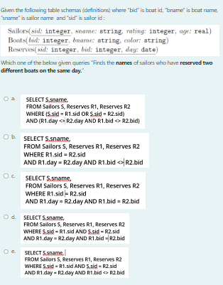 Given the following table schemas (definitions) where "bid" is boat id, "name" is boat name,
"sname" is sailor name and "sid" is sailorid:
Sailors(sid: integer, sname: string, rating: integer, age: real)
Boats(bid: integer, bname: string, color: string)
Reserves(sid: integer, bid: integer, day: date)
Which one of the below given queries "Finds the names of sailors who have reserved two
different boats on the same day."
SELECT S.sname,
FROM Sailors S, Reserves R1, Reserves R2
WHERE (S.sid - R1.sid OR S.sid - R2.sid)
AND (R1.day <> R2.day AND R1.bid R2.bid)
Ob SELECT S.sname,
FROM Sailors S, Reserves R1, Reserves R2
WHERE R1.sid = R2.sid
AND R1.day-R2.day AND R1.bid <> R2.bid
O SELECT S.sname.
FROM Sailors S, Reserves R1, Reserves R2
WHERE R1.sid-R2.sid
AND R1.day=R2.day AND R1.bid = R2.bid
Od. SELECT S.sname,
FROM Sailors S, Reserves R1, Reserves R2
WHERE S.sid -R1.sid AND S.sid - R2.sid
AND R1.day=R2.day AND R1.bid =R2.bid
O SELECT S.sname.
FROM Sailors S, Reserves R1, Reserves R2
WHERE S.sid - R1.sid AND S.sid - R2.sid
AND R1.day-R2.day AND R1.bid → R2.bid