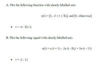 A. Plot the following function with clearly labelled axis.
x(t) = [1. -3 <tsX:], and [0, otherwise]
• t-4:X2+2
B. Plot the following signal with clearly labelled axis.
x(t) = u (t + 1)- 2u (t-X1) + 3u (t- 11)
• t= -2: 12
