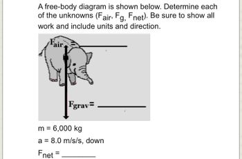 A free-body diagram is shown below. Determine each
of the unknowns (Fair, Fg, Fnet). Be sure to show all
work and include units and direction.
m = 6,000 kg
a = 8.0 m/s/s, down
Fnet
Fgrav=
=