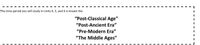 The time period you will study in Units 4, 5, and 6 is known the
"Post-Classical Age"
"Post-Ancient Era"
"Pre-Modern Era"
"The Middle Ages"
