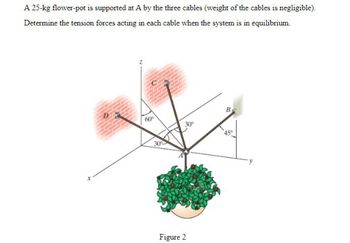 A 25-kg flower-pot is supported at A by the three cables (weight of the cables is negligible).
Determine the tension forces acting in each cable when the system is in equilibrium.
60°
B
Figure 2
45°