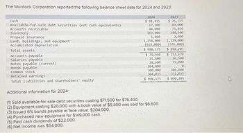 The Murdock Corporation reported the following balance sheet data for 2024 and 2023:
Cash
Available-for-sale debt securities (not cash equivalents)
Accounts receivable
Inventory
Prepaid insurance
Land, buildings, and equipment
Accumulated depreciation
Total assets
Accounts payable.
Salaries payable
Notes payable (current)
Bonds payable
Common stock
Retained earnings
Total liabilities and shareholders' equity
2024
$ 81,815
17,500
84,000
169,000
1,860
1,258,000
(614,000)
$998, 175
$ 79,940
21,600
28,600
204,000
300,000
364,035
$ 998,175
Additional information for 2024:
(1) Sold available-for-sale debt securities costing $71,500 for $76,400.
(2) Equipment costing $20,000 with a book value of $5,400 was sold for $6,600.
(3) Issued 6% bonds payable at face value, $204,000.
(4) Purchased new equipment for $149,000 cash.
(5) Paid cash dividends of $22,000.
(6) Net Income was $54,000.
2023
$ 25,355
89,000
71,850
148,600
2,400
1,129,000
(576,000)
$ 890,205
$152,670
26,500
79,000
0
300,000
332,035
$ 890,205
A