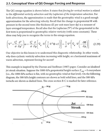 2.1. Conceptual View of QG Omega: Forcing and Response
The QG omega equation is shown below. It states that forcing for vertical motion is related
to the differential vorticity advection and the Laplacian of the temperature advection. For
both advections, the approximation is made that the geostrophic wind is a good enough
approximation for the advecting velocity. Recall that the change in geopotential ☀ with
pressure in the second term (the thickness dZ per unit mass layer dp) is a measure of
layer-averaged temperature. Recall also that the Laplacian (V²) of the geopotential in the
first term is proportional to geostrophic relative vorticity (with some constants). These
ideas may help you to recognize the terms in the omega equation.
(v¹¸£ 5* )-- € 2 [v,«v[÷vons]] - ²v|(2)
+
@=
V.V
+
о др2
o ap
8
ap
Our objective in this lesson is to understand this diagnostic relationship. In other words,
why does cyclonic vorticity advection increasing with height, or a horizontal maximum of
warm advection, represent forcing for ascent?
This example is inspired by the Durran and Snellman (1987) paper. Consider an idealized
jet streak situation. Suppose the 1000-hPa geopotential height surface Z1000 = 0 everywhere
(i.e., the 1000-hPa surface is flat, with no geostrophic wind at that level). On the following
diagram, the 500-hPa height contours are shown as bold solid lines, and the 500-hPa
isotachs are shown as dashed lines. The cross section B-C is marked for later reference.
B-50 kt
50 kt
75 kt
-100 kt
Jet
Streak
75 kt
522 dam
100 kt
(2.29)
528 dam
534 dam
QUASIGEOSTROPHIC THEORY
/ 35