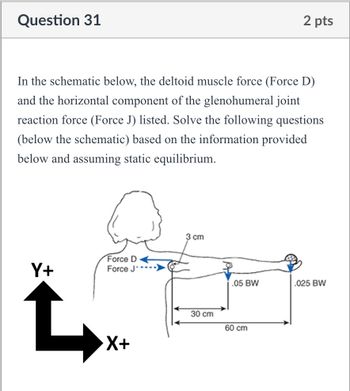 Question 31
2 pts
In the schematic below, the deltoid muscle force (Force D)
and the horizontal component of the glenohumeral joint
reaction force (Force J) listed. Solve the following questions
(below the schematic) based on the information provided
below and assuming static equilibrium.
Y+
Force D
Force J'
X+
3 cm
30 cm
.05 BW
.025 BW
60 cm