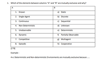 1. Which of the elements between columns "A" and "B" are mutually exclusive and why?
B
1. Known
2. Single-Agent
3. Continuous
4. Non-Deterministic
5. Unobservable
6. Dynamic
7. Competitive
8. Episodic
a) Static
b) Discrete
c) Sequential
d) Unknown
e) Deterministic
f) Partially Observable
g) Multiagent
h) Cooperative
[1*8]
Example:
4-e: Deterministic and Non-deterministic Environments are mutually exclusive because.....