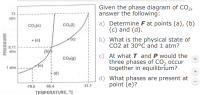 Given the phase diagram of CO2,
answer the following:
a) Determine F at points (a), (b)
(c) and (d).
b) What is the physical state of
CO2 at 30°C and 1 atm?
c) At what I and P would the
three phases of CO2 occur
together in equilibrium?
+
