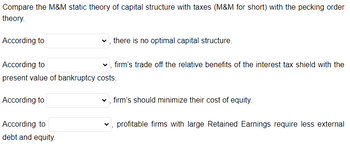 Compare the M&M static theory of capital structure with taxes (M&M for short) with the pecking order
theory.
According to
✓, there is no optimal capital structure.
According to
present value of bankruptcy costs.
According to
According to
debt and equity.
firm's trade off the relative benefits of the interest tax shield with the
firm's should minimize their cost of equity.
✓, profitable firms with large Retained Earnings require less external