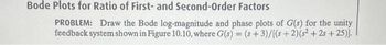 Bode Plots for Ratio of First- and Second-Order Factors
PROBLEM: Draw the Bode log-magnitude and phase plots of G(s) for the unity
feedback system shown in Figure 10.10, where G(s) = (s+3)/[(s+ 2)(s²+25+25)].