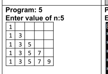 Program: 5
Enter value of n:5
1
1
3
1
3 5
1
3 5 7
1
3 5 7 9
P
E
E
E
E
E
E
E