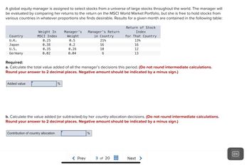 A global equity manager is assigned to select stocks from a universe of large stocks throughout the world. The manager will
be evaluated by comparing her returns to the return on the MSCI World Market Portfolio, but she is free to hold stocks from
various countries in whatever proportions she finds desirable. Results for a given month are contained in the following table:
Country
U.K.
Japan
U.S.
Germany
Weight In
MSCI Index
Added value
0.25
0.38
0.35
0.02
Manager's
Weight
0.5
0.2
0.26
0.04
%
Contribution of country allocation
Required:
a. Calculate the total value added of all the manager's decisions this period. (Do not round intermediate calculations.
Round your answer to 2 decimal places. Negative amount should be indicated by a minus sign.)
Manager's Return
in Country
< Prev
21%
16
10
6
b. Calculate the value added (or subtracted) by her country allocation decisions. (Do not round intermediate calculations.
Round your answer to 2 decimal places. Negative amount should be indicated by a minus sign.)
%
Return of Stock
Index
for That Country
13%
16
12
13
3 of 20
Next >
ΕΝ