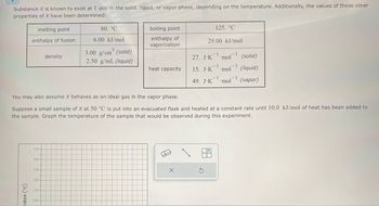 Substance X is known to exist at 1 atm in the solid, liquid, or vapor phase, depending on the temperature. Additionally, the values of these other
properties of X have been determined:
melting point
enthalpy of fusion
rature (°C)
150.
140-
130.
120-
110-
density
100-
80. °C
6.00 kJ/mol
3.00 g/cm³ (solid)
2.50 g/mL (liquid)
boiling point
enthalpy of
vaporization
You may also assume X behaves as an ideal gas in the vapor phase.
Suppose a small sample of X at 50 °C is put into an evacuated flask and heated at a constant rate until 10.0 kJ/mol of heat has been added to
the sample. Graph the temperature of the sample that would be observed during this experiment.
heat capacity
125. °C
X
29.00 kJ/mol
1
27. J.K mol
15. J.K 'mol
-1
49. J.K mol
-1
(solid)
(liquid)
(vapor)