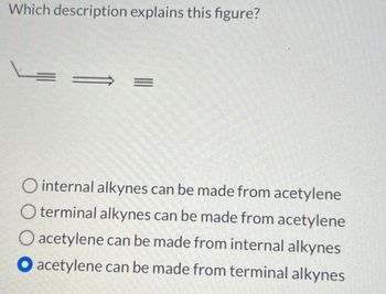 Which description explains this figure?
|||
O internal alkynes can be made from acetylene
O terminal alkynes can be made from acetylene
O acetylene can be made from internal alkynes
O acetylene can be made from terminal alkynes