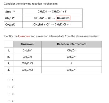 Consider the following reaction mechanism:
Step 1:
CH3Znl
CH3Zn+ + I¯
Step 2:
CH3Zn++ CI → Unknown
Overall:
CH3Znl + CI → CH3ZnCI + I¯
Identify the Unknown and a reaction intermediate from the above mechanism.
Unknown
Reaction Intermediate
1.
CH3Zn+
CH3Znl
2.
CH3Znl
CH3Zn+
3.
CH3ZnCl
|
4.
CH3ZnCl
CH3Zn+
1
2
3
4