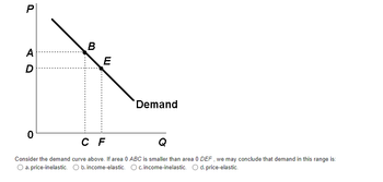 P
AD
А
D
0
B
E
Demand
C F
Consider the demand curve above. If area 0 ABC is smaller than area 0 DEF, we may conclude that demand in this range is:
O a. price-inelastic. O b. income-elastic.
c. income-inelastic. O d. price-elastic.