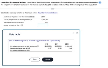 Lantau Beer (B): Japanese Yen Debt. Lantau Beer of Hong Kong borrowed Japanese yen (JPY) under a long-term loan agreement several years ago: .
The company's new CFO believes, however, that what was originally thought to have been relatively "cheap debt" is no longer true. What do you think?
Calculate the necessary variables for the analysis below: (Round to the nearest integer.)
Analysis of Japanese yen-Denominated Debt
Annual yen payments on debt agreement (¥)
Average exchange rate, \/HKD
Annual yen debt service, HKD
Data table
(Click on the following icon in order to copy its contents into a spreadsheet.)
2011
12,800,000
11.94
Annual yen payments on debt agreement (*)
Average exchange rate, */HKD
Annual yen debt service, HKD
2010
12,800,000
12.07
Print
2010
12,800,000
12.07
Done
2012
12,800,000
11.88