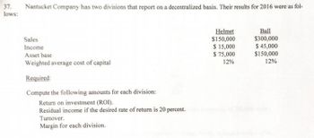 37.
lows:
Nantucket Company has two divisions that report on a decentralized basis. Their results for 2016 were as fol-
Sales
Income
Asset base
Weighted average cost of capital
Required:
Compute the following amounts for each division:
Return on investment (ROI).
Residual income if the desired rate of return is 20 percent.
Turnover.
Margin for each division.
Helmet
$150,000
$ 15,000
$ 75,000
12%
Ball
$300,000
$ 45,000
$150,000
12%