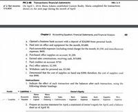 PR 2-4B Transactions; financial statements
ов. 2, з
v 2. Net income: On April 1, 2014, Maria Adams established Custom Realty. Maria completed the transactions
$10,850
shown on the next page during the month of April:
Chapter 2 Accounting Equation, Financial Statements, and Financial Analysis
49
a. Opened a business bank account with a deposit of $24,000 from personal funds.
b. Paid rent on office and equipment for the month, $3,600.
c. Paid automobile expenses (including rental charge) for the month, $1,350, and miscellaneous
expenses, $600.
d. Purchased office supplies on account, $1,200.
e. Earned sales commissions, receiving cash, $19,800.
f. Paid creditor on account, $750.
g. Paid office salaries, $2,500.
h. Withdrew cash for personal use, $3,500.
i. Determined that the cost of supplies on hand was $300; therefore, the cost of supplies used
was $900.
Instructions
1. Indicate the effect of each transaction and the balances after each transaction, using the
following tabular headings:
= Liabilities +
Owner's Equity
Assets
Maria
Maria
Accounts
Adams,
Adams,
Sales
Rent
Salaries
Auto
Supplies
Expense
Misc.
i - Supplies
= Payable + Capital - Drawing + Commissions - Expense
Expense
- Expense
Expense
2. Prepare an income statement for April, a statement of owner's equity for April, and a balance
sheet as of April 30.
