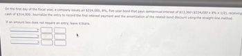 On the first day of the fiscal year, a company issues an $334,000, 8%, five-year bond that pays semiannual interest of $13,360 ($334,000 x 8% x 1/2), receiving
cash of $314,000. Journalize the entry to record the first interest payment and the amortization of the related bond discount using the straight-line method.
If an amount box does not require an entry, leave it blank.