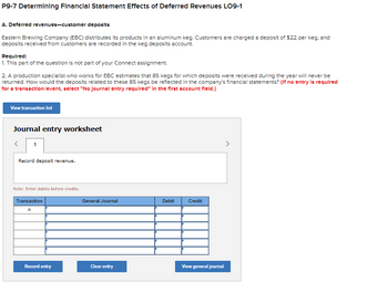 P9-7 Determining Financial Statement Effects of Deferred Revenues LO9-1
A. Deferred revenues-customer deposits
Eastern Brewing Company (EBC) distributes its products in an aluminum keg. Customers are charged a deposit of $22 per keg, and
deposits received from customers are recorded in the keg deposits account.
Required:
1. This part of the question is not part of your Connect assignment.
2. A production specialist who works for EBC estimates that 85 kegs for which deposits were received during the year will never be
returned. How would the deposits related to these 85 kegs be reflected in the company's financial statements? (If no entry is required
for a transaction/event, select "No journal entry required" In the first account fleld.)
View transaction list
Journal entry worksheet
<
1
Record deposit revenue.
Note: Enter debits before credits.
Transaction
A
Record entry
General Journal
Clear entry
Debit
Credit
View general journal