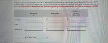 Sandhill Company is considering two alternatives. Alternative A will have sales of $157,300 and costs of $100,800. Alternative B will
have sales of $181.500 and costs of $139,600. Compare alternative A with alternative B showing incremental revenues, costs, and net
income. (If an amount reduces the net income then enter with a negative sign preceding the number, e.g.-15,000 or parenthesis, e.g. (15,000))
Revenues
Costs
Net income
$
Alternative
A
is better than
$
Alternative
B
Net Income
Increase
(Decrease)