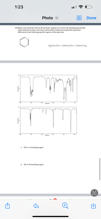 1:23
10) Match each molecule with its IR spectrum. Explain your choice by detailing (specifically
addressing the location, intensity, and breadth of important peaks) the important
differences in the following specific regions of the spectrum.
100
TRANSHETTANCES
D
100
TRANSHE CANCES
4000
D
4000
3000
Photo
3000
2000
2000
a. The C-C stretching region
b. The C-H stretching region
H₂C=CH-CH=CH-CH=CH₂
HAVENUMBER
"M
1500
RAVENUMBER
1500
1000
500
+
Done
500
O