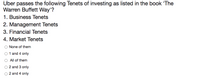 Über passes the following Tenets of investing as listed in the book 'The
Warren Buffett Way'?
1. Business Tenets
2. Management Tenets
3. Financial Tenets
4. Market Tenets
None of them
1 and 4 only
O All of them
2 and 3 only
2 and 4 only
