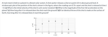 A track meet is held on a planet in a distant solar system. A shot-putter releases a shot at a point 2.0 m above ground level. A
stroboscopic plot of the position of the shot is shown in the figure, where the readings are 0.76 s apart and the shot is released at time t
= 0. (a) What is the initial velocity of the shot in unit-vector notation? (b) What is the magnitude of the free-fall acceleration on the
planet? (c) How long after it is released does the shot reach the ground? (d) If an identical throw of the shot is made on the surface of
Earth, how long after it is released does it reach the ground?
y (m)
10
5
0
t=0
90
5
10
15
x (m)
20
20
25
30