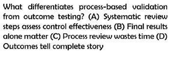 What differentiates process-based validation
from outcome testing? (A) Systematic review
steps assess control effectiveness (B) Final results
alone matter (C) Process review wastes time (D)
Outcomes tell complete story