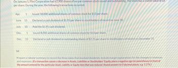 On January 1, Flint Corporation had 62,900 shares of no-par common stock issued and outstanding. The stock has a stated value of $4
per share. During the year, the following transactions occurred.
Issued 18,000 additional shares of common stock for $13 per share.
Declared a cash dividend of $1.95 per share to stockholders of record on June 30.
Paid the $1.95 cash dividend.
Issued 8,000 additional shares of common stock for $13 per share.
Dec. 15 Declared a cash dividend on outstanding shares of $2.25 per share to stockholders of record on December 31.
Apr. 1
June 15.
July 10
Dec.
1
(a)
Prepare a tabular summary to record the three dates that involved dividends. Include margin explanations for the changes in revenues
and expenses. (If a transaction causes a decrease in Assets, Liabilities or Stockholders' Equity, place a negative sign (or parentheses) in front of
the amount entered for the particular Asset, Liability or Equity item that was reduced. Round answers to 0 decimal places, eg. 5.276.)