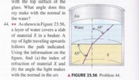 with the top surface of the
glass. What angle does this
ray make with the normal in
Air
the water?
44. As shown in Figure 23.56,
a layer of water covers a slab
of material X in a beaker. A
ray of light traveling upwards
follows the path indicated.
Using the information on the
figure, find (a) the index of
refraction of material X and
Water
48°
65
(b) the angle the light makes
with the normal in the air.
A FIGURE 23.56 Problem 44.
