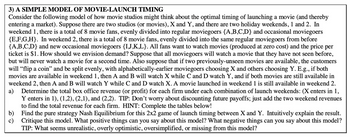 3) A SIMPLE MODEL OF MOVIE-LAUNCH TIMING
Consider the following model of how movie studios might think about the optimal timing of launching a movie (and thereby
entering a market). Suppose there are two studios (or movies), X and Y, and there are two holiday weekends, 1 and 2. In
weekend 1, there is a total of 8 movie fans, evenly divided into regular moviegoers {A,B,C,D} and occasional moviegoers
{E,F,G,H}. In weekend 2, there is a total of 8 movie fans, evenly divided into the same regular moviegoers from before
{A,B,C,D} and new occasional moviegoers {I,J,K,L}. All fans want to watch movies (produced at zero cost) and the price per
ticket is $1. How should we envision demand? Suppose that all moviegoers will watch a movie that they have not seen before,
but will never watch a movie for a second time. Also suppose that if two previously-unseen movies are available, the customers
will "flip a coin" and be split evenly, with alphabetically-earlier moviegoers choosing X and others choosing Y. E.g., if both
movies are available in weekend 1, then A and B will watch X while C and D watch Y, and if both movies are still available in
weekend 2, then A and B will watch Y while C and D watch X. A movie launched in weekend 1 is still available in weekend 2.
a) Determine the total box office revenue (or profit) for each firm under each combination of launch weekends: (X enters in 1,
b)
c)
Y enters in 1), (1,2), (2,1), and (2,2). TIP: Don't worry about discounting future payoffs; just add the two weekend revenues
to find the total revenue for each firm. HINT: Complete the tables below!
Find the pure strategy Nash Equilibrium for this 2x2 game of launch timing between X and Y. Intuitively explain the result.
Critique this model. What positive things can you say about this model? What negative things can you say about this model?
TIP: What seems unrealistic, overly optimistic, oversimplified, or missing from this model?