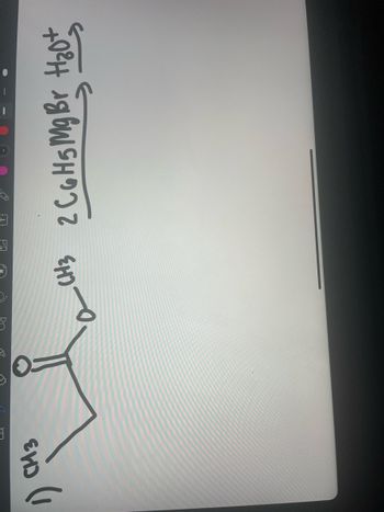 This image represents a chemical reaction involving a ketone and a Grignard reagent. 

**Chemical Equation:**

1. **Reactant:** A ketone with the structure (CH₃)₂C=O (acetone).

2. **Reagents:**
   - 2 equivalents of phenylmagnesium bromide (C₆H₅MgBr)
   - Water (H₂O)

**Reaction Description:**

- The image shows an arrow indicating the reaction direction with the reagents listed above the arrow.
- The ketone undergoes nucleophilic addition, where the Grignard reagent (phenylmagnesium bromide) adds to the carbonyl carbon of acetone.
- After the addition, hydrolysis with water typically follows, leading to the formation of an alcohol.

**Note:**
- Grignard reactions are a staple in organic chemistry, widely used to form carbon-carbon bonds.