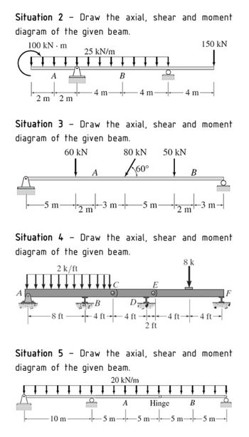 Situation 2
-
Draw the axial, shear and moment
diagram of the given beam.
100 kN.m
25 kN/m
150 kN
O
A
B
4 m
4 m
4 m
2 m 2 m
Situation 3
Draw the axial, shear and moment
diagram of the given beam.
80 kN 50 kN
60 kN
A
K60°
B
-5 m-
-3 m
-5 m-
-3 m
2 m
2
m
Situation 4 Draw the axial, shear and moment
diagram of the given beam.
2 k/ft
8 k
-8 ft
B
E
D-
4 ft 4 ft 4 ft 4 ft
2 ft
F
Situation 5 Draw the axial, shear and moment
diagram of the given beam.
20 kN/m
A
Hinge
10 m
|5m|5m|5 m-
B
5
5 m