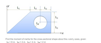 L2
L,
L3
Find the moment of inertia for the cross-sectional shape about the x and y axes, given:
L1 = 6 in, L2 = 4 in, L3 = 4 in, L4 = 2 in
