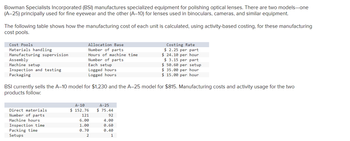 Bowman Specialists Incorporated (BSI) manufactures specialized equipment for polishing optical lenses. There are two models-one
(A-25) principally used for fine eyewear and the other (A-10) for lenses used in binoculars, cameras, and similar equipment.
The following table shows how the manufacturing cost of each unit is calculated, using activity-based costing, for these manufacturing
cost pools.
Cost Pools
Materials handling
Manufacturing supervision
Assembly
Machine setup
Allocation Base
Number of parts
Hours of machine time
Number of parts
Each setup
Costing Rate
$2.25 per part
Inspection and testing
Packaging
Logged hours
Logged hours
$ 24.10 per hour
$ 3.15 per part
$ 50.60 per setup
$ 35.00 per hour
$ 15.00 per hour
BSI currently sells the A-10 model for $1,230 and the A-25 model for $815. Manufacturing costs and activity usage for the two
products follow:
Direct materials
Number of parts
Machine hours
Inspection time
Packing time
Setups
A-10
$ 152.76
A-25
$ 75.44
121
92
6.00
4.00
1.00
0.60
0.70
0.40
2
1