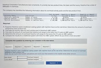 Hazelnut Corporation manufactures lawn ornaments. It currently has two product lines, the basic and the luxury. Hazelnut has a total of
$180,692 in overhead.
The company has identified the following information about its overhead activity pools and the two product lines:
Activity Pools
Materials handling
Quality control
Machine maintenance
Cost Driver
Cost Assigned
to Pool
Number of moves
Number of inspections
Number of machine hours
$ 3,792
$ 28,500
$ 148,400
Quantity or Amount
Consumed by Basic
28 moves
200 inspections
5,400 machine hours
Quantity or Amount
Consumed by Luxury
51 moves
100 inspections
5,200 machine hours
Required:
1. Suppose Hazelnut used a traditional costing system with machine hours as the cost driver. Determine the amount of overhead
assigned to each product line.
2. Calculate the activity rates for each activity pool in Hazelnut's ABC system.
3. Calculate the amount of overhead that Hazelnut will assign to the basic line if it uses an ABC system.
4. Determine the amount of overhead Hazelnut will assign to the luxury line if it uses an ABC system.
5. Compare the results for a traditional system with that of an ABC system. Which do you think is more accurate?
Complete this question by entering your answers in the tabs below.
Required 1 Required 2 Required 3 Required 4
Required 5
Suppose Hazelnut used a traditional costing system with machine hours as the cost driver. Determine the amount of overhead
assigned to each product line.
Note: Do not round intermediate calculations and round your final answers to the nearest whole dollar amount.
Basic Model
Luxury Model
Overhead Assigned
Overhead Assigned
< Required 1
Required 2 >
