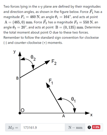 Two forces lying in the x-y plane are defined by their magnitudes
and direction angles, as shown in the figure below. Force ₁ has a
magnitude F₁ = 460 N, an angle 0₁ = 164°, and acts at point
A = (465,0) mm. Force F2 has a magnitude F₂ = 550 N, an
F2
angle 02 = 20°, and acts at point B = (0, 135) mm. Determine
the total moment about point O due to these two forces.
Remember to follow the standard sign convention for clockwise
(-) and counter-clockwise (+) moments.
y
B
Mo=
10
0₂
173161.9
F₂
A
0₁
N - mm
X
? × 0%