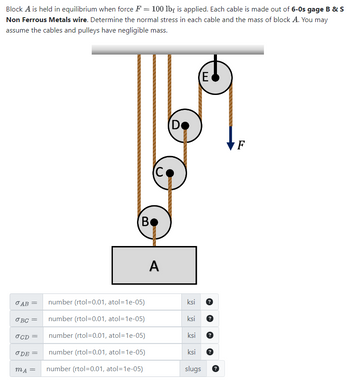 Block A is held in equilibrium when force F = 100 lbf is applied. Each cable is made out of 6-0s gage B & S
Non Ferrous Metals wire. Determine the normal stress in each cable and the mass of block A. You may
assume the cables and pulleys have negligible mass.
JAB =
JBC =
OCD =
ODE=
mA =
B
number (rtol=0.01, atol=1e-05)
number (rtol=0.01, atol=1e-05)
number (rtol-0.01, atol=1e-05)
number (rtol=0.01, atol=1e-05)
number (rtol=0.01, atol=1e-05)
(C
A
D
ksi
ksi
ksi
ksi
(E
?
slugs ?
F