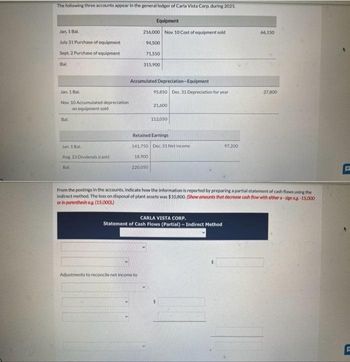 The following three accounts appear in the general ledger of Carla Vista Corp. during 2025.
Jan 1 Bal
July 31 Purchase of equipment
Sept. 2 Purchase of equipment
Bal
Jan 1 Bal.
Nov. 10 Accumulated depreciation
on equipment sold
Bal
Jan. 1 Bal
Aug 23 Dividends (cash)
Bal
Equipment
216,000 Nov. 10 Cost of equipment sold
94,500
71.550
315,900
Accumulated Depreciation-Equipment
220.050
Adjustments to reconcile net income to
95,850 Dec 31 Depreciation for year
21,600
Retained Earnings
141.750 Dec. 31 Net income
18,900
112.050
CARLA VISTA CORP.
Statement of Cash Flows (Partial) - Indirect Method
97.200
66,150
From the postings in the accounts, indicate how the information is reported by preparing a partial statement of cash flows using the
Indirect method. The loss on disposal of plant assets was $10,800. (Show amounts that decrease cash flow with either a-siang-15,000
or in parenthesis e.g. (15,000))
37,800
P
F