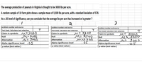 The average production of peanuts in Virginia is thought to be 3000 lbs per acre.
A random sample of 10 farm plots shows a sample mean of 3,300 lbs per acre, with a standard deviation of 578.
At a .05 level of significance, can you conclude that the average Ibs per acre has increased or is greater ?
problem number and source
problem number and source
problem number and source
Test Used, Calculator test selection
Test Used, Calculator test selection
Test Used, Calculator test selection
M>3300
M=3300
Claim in symbols m>300
M=3000
us 300
.05
|Claim in symbols
|Claim in symbols
M= 3000
M13000
M² '300o
Null
Null
Null
Alternative
Alternative
Alternative
Alpha significance level
p value (test value )
Alpha significance level
p value (test value )
Alpha significance level
p value (test value )
