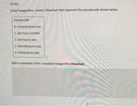 CIS 401
Using Flowgorithm, create a flowchart that represent the pseudocode shown below
Pseudocode
0. Compute gross pay
1. Get hours worked
2. Get hourly rate
3. Calculate gross pay
4. Display gross pay
Add a screenshot of the completed Flowgorithm Flowchart.
4