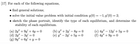 [17] For each of the following equations,
find general solutions;
● solve the initial value problem with initial condition y(0) = −1, y'(0) = 2;
• sketch the phase portrait, identify the type of each equilibrium, and determine the
stability of each equilibrium.
(a) 2y" +9y' + 4y = 0
(d) 2y" - 3y = 0
(g) 9y" + 6y' + y = 0
(b) y" + 2y' — 8y = 0
(e) y" — 2y' + 5y = 0
(c) 4y" - 12y + 5y = 0
(f) 4y" +9y = 0