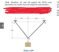 *3-8. Members AC and AB support the 300-lb crate.
Determine the tensile force developed in each member.
*3
det
for
•3
det
for
3 ft-
4 ft
3
4 ft
Probs. 3-8/9
