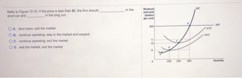 Refer to Figure 12-10. If the price is less than $6, the firm should
short run and
in the long run.
OA. shut down; exit the market
OB. continue operating, stay in the market and expand
OC. continue operating; exit the market
OD. exit the market; exit the market
in the
Revenue
and cost
(dollars
per unit)
$20
11
10
6
0
J
200 250
300
ATC
AVC
MR
Quantity