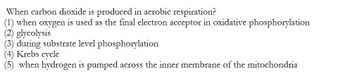 When carbon dioxide is produced in aerobic respiration?
(1) when oxygen is used as the final electron acceptor in oxidative phosphorylation
(2) glycolysis
(3) during substrate level phosphorylation
(4) Krebs cycle
when hydrogen is pumped across the inner membrane of the mitochondria